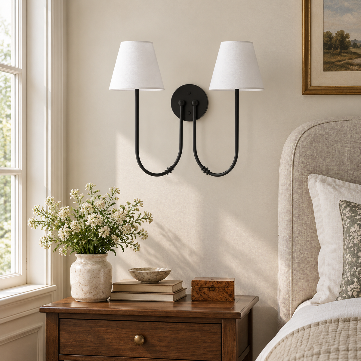 Marielle Double Arm Linen Shade Wall Sconce, Matte Black bedroom scene