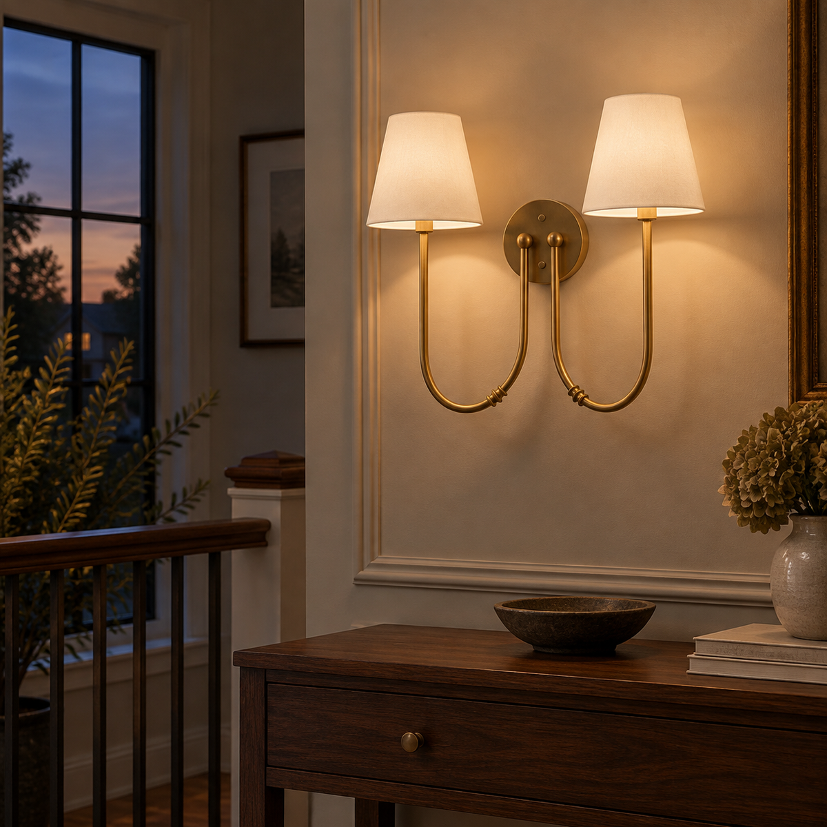 Marielle Double Arm Linen Shade Wall Sconce, Brass evening scene