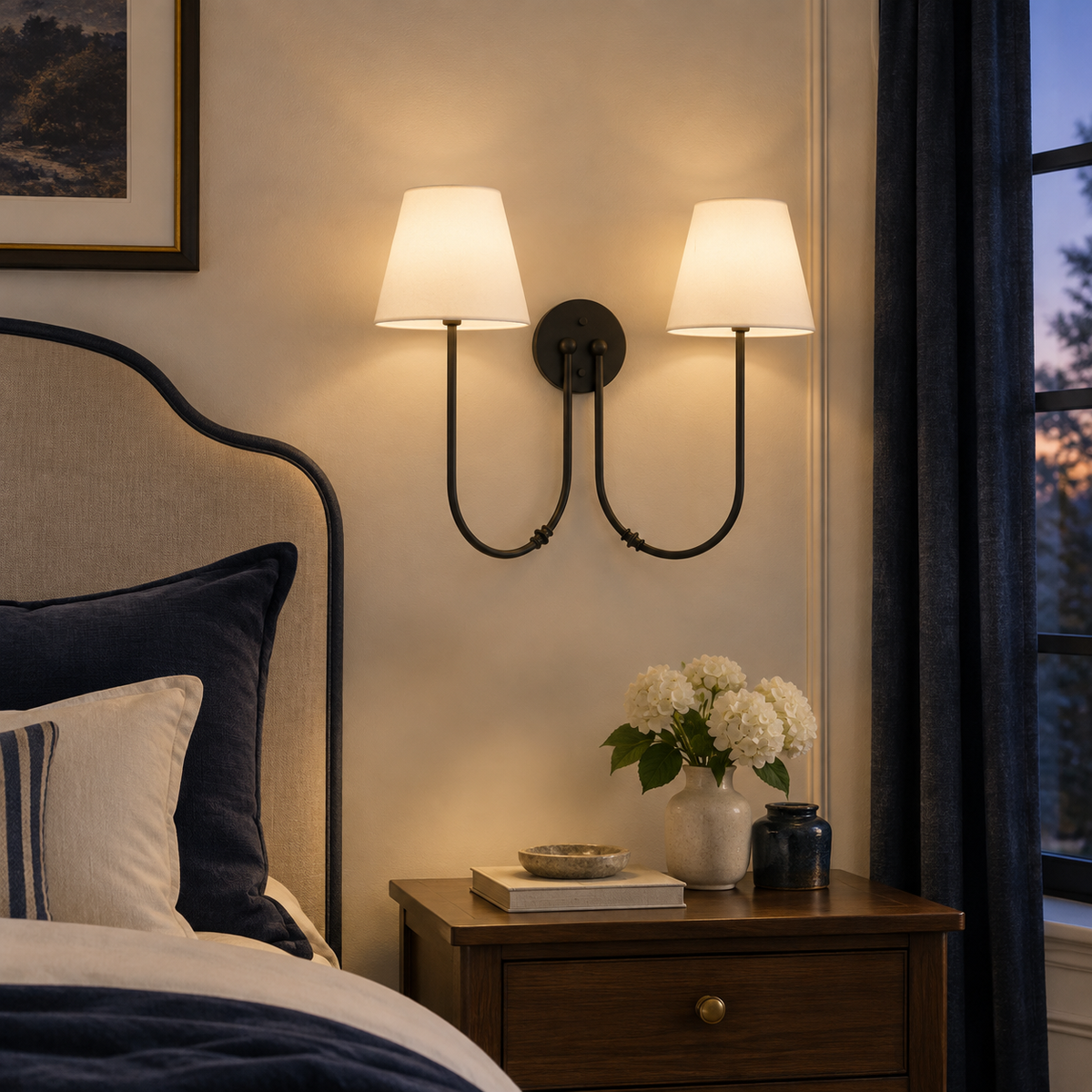 Marielle Double Arm Linen Shade Wall Sconce, Matte Black evening scene