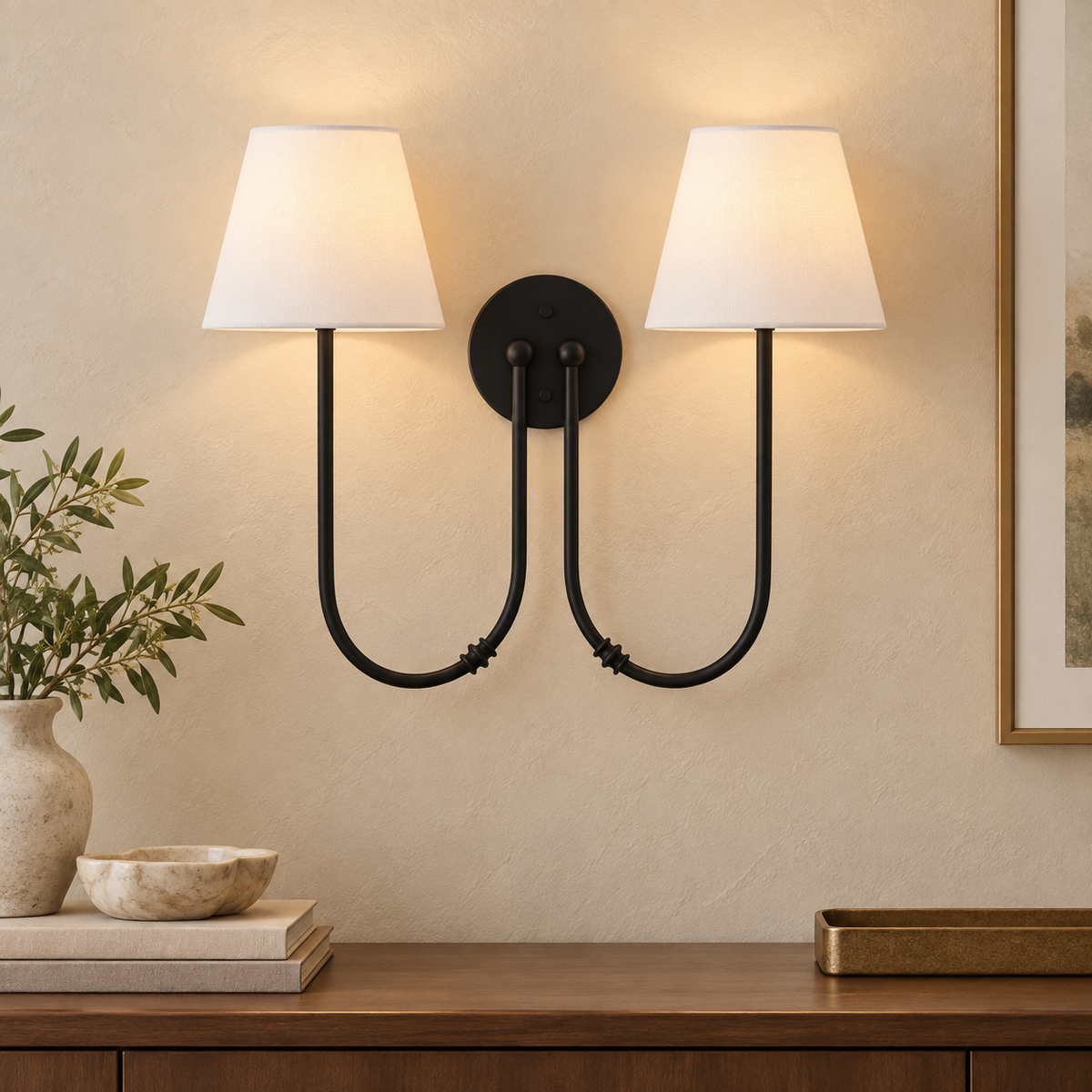 Marielle Double Arm Linen Shade Wall Sconce, Matte Black installed SKU image