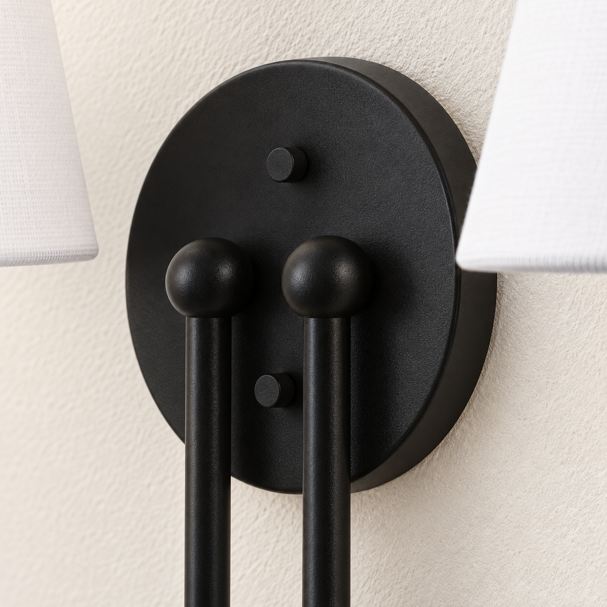 Marielle Double Arm Linen Shade Wall Sconce, matte black backplate macro