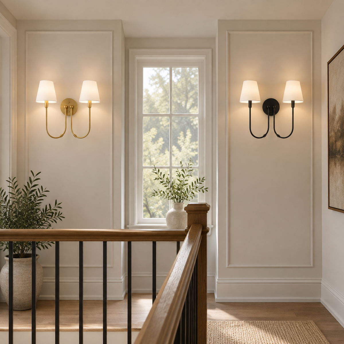 Marielle Double Arm Linen Shade Wall Sconce, Brass and Matte Black stair landing scene
