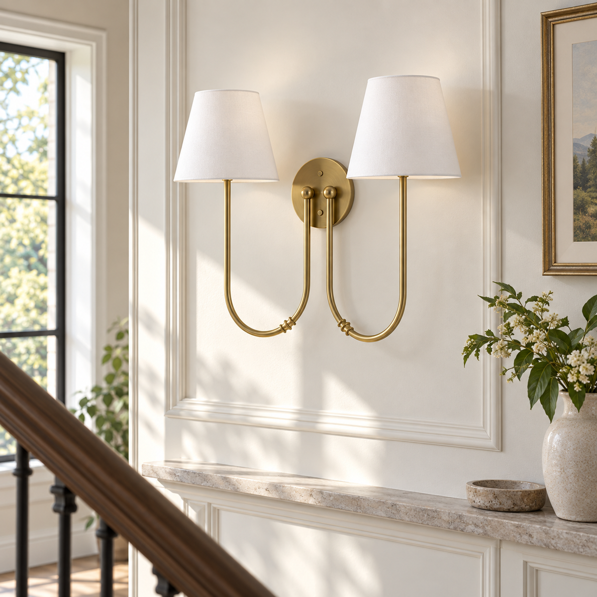 Marielle Double Arm Linen Shade Wall Sconce, Brass installed landing scene