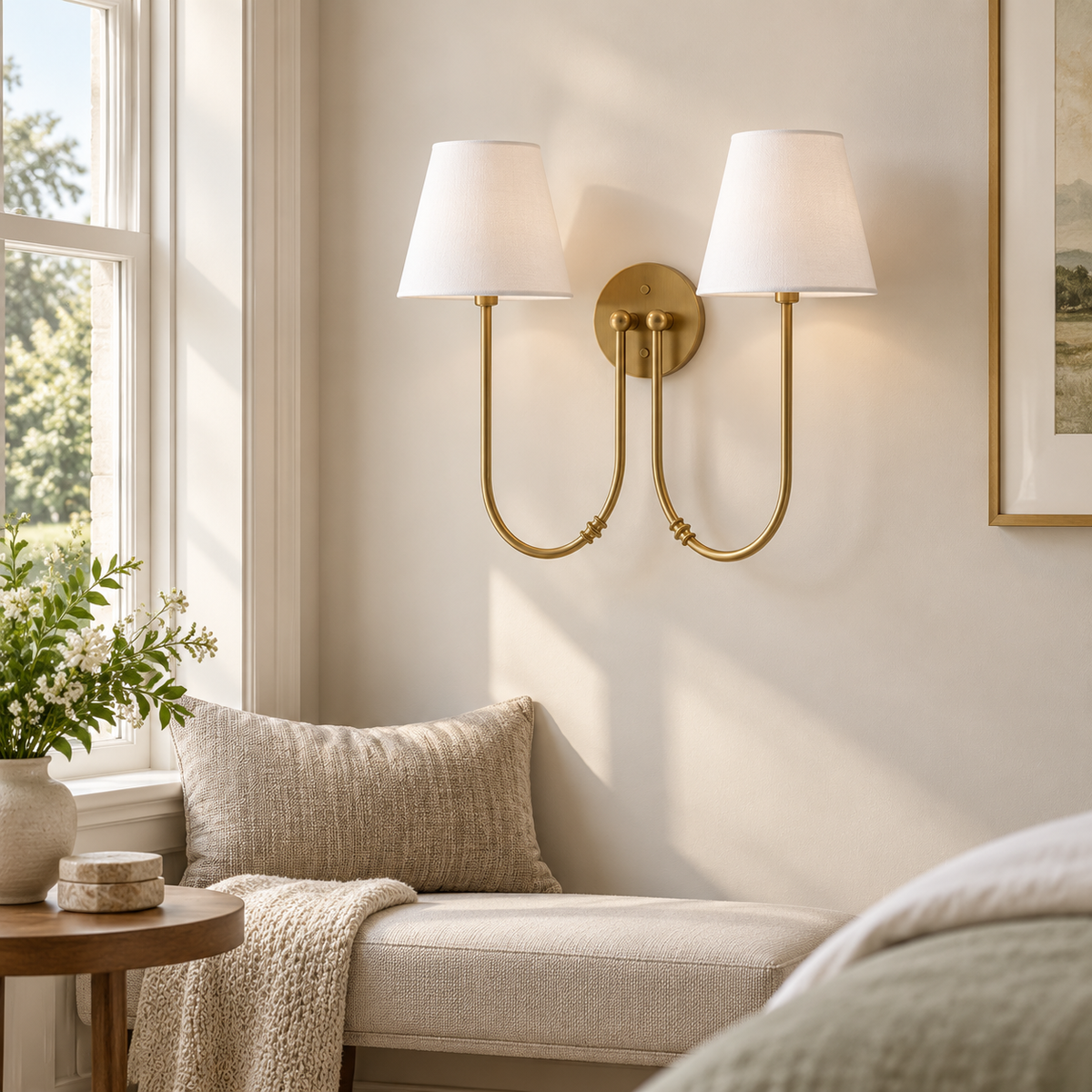 Marielle Double Arm Linen Shade Wall Sconce, Brass installed bedroom scene