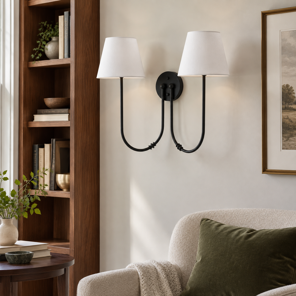 Marielle Double Arm Linen Shade Wall Sconce, Matte Black installed reading scene