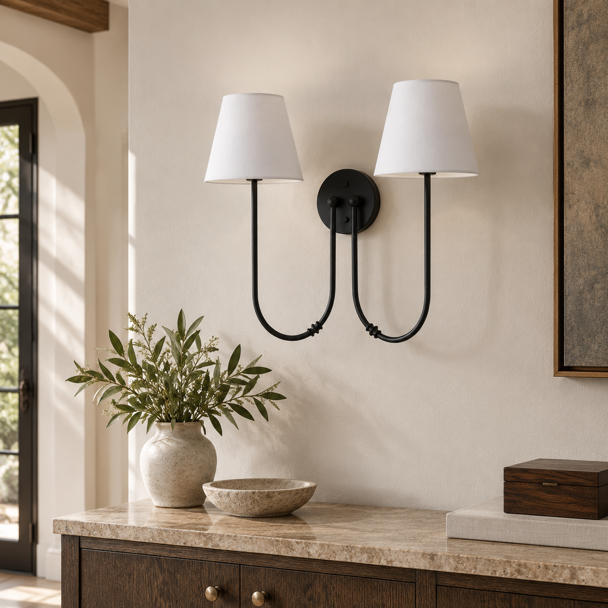 Marielle Double Arm Linen Shade Wall Sconce, Matte Black installed entry scene