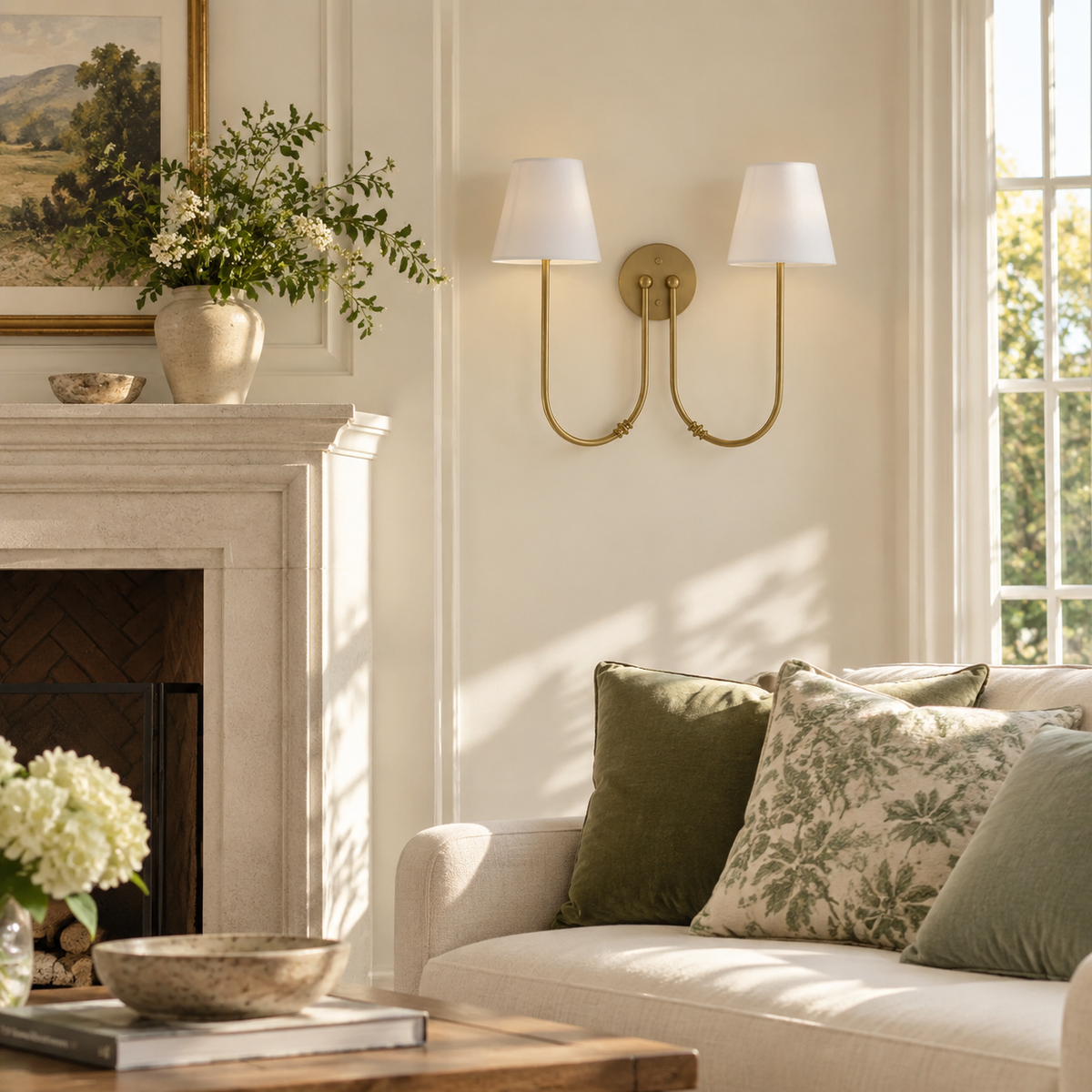 Marielle Double Arm Linen Shade Wall Sconce, Brass living room scene