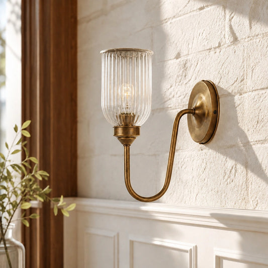 Megen Vintage Brass Cylinder Ribbed Glass Wall Sconce