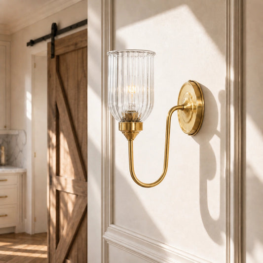 Megen Vintage Brass Cylinder Ribbed Glass Wall Sconce