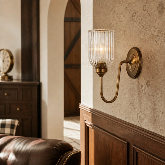 Megen Vintage Brass Cylinder Ribbed Glass Wall Sconce