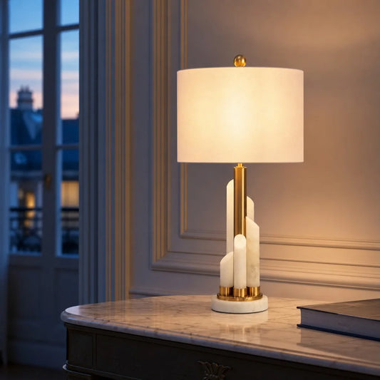 Michael Modern Gold Fabric Alabaster Table Lamp