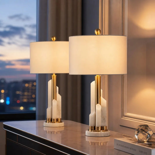 Michael Modern Gold Fabric Alabaster Table Lamp