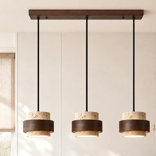 Milo Wabi-Sabi Cylindrical Travertine Wood and Stone Pendant Light