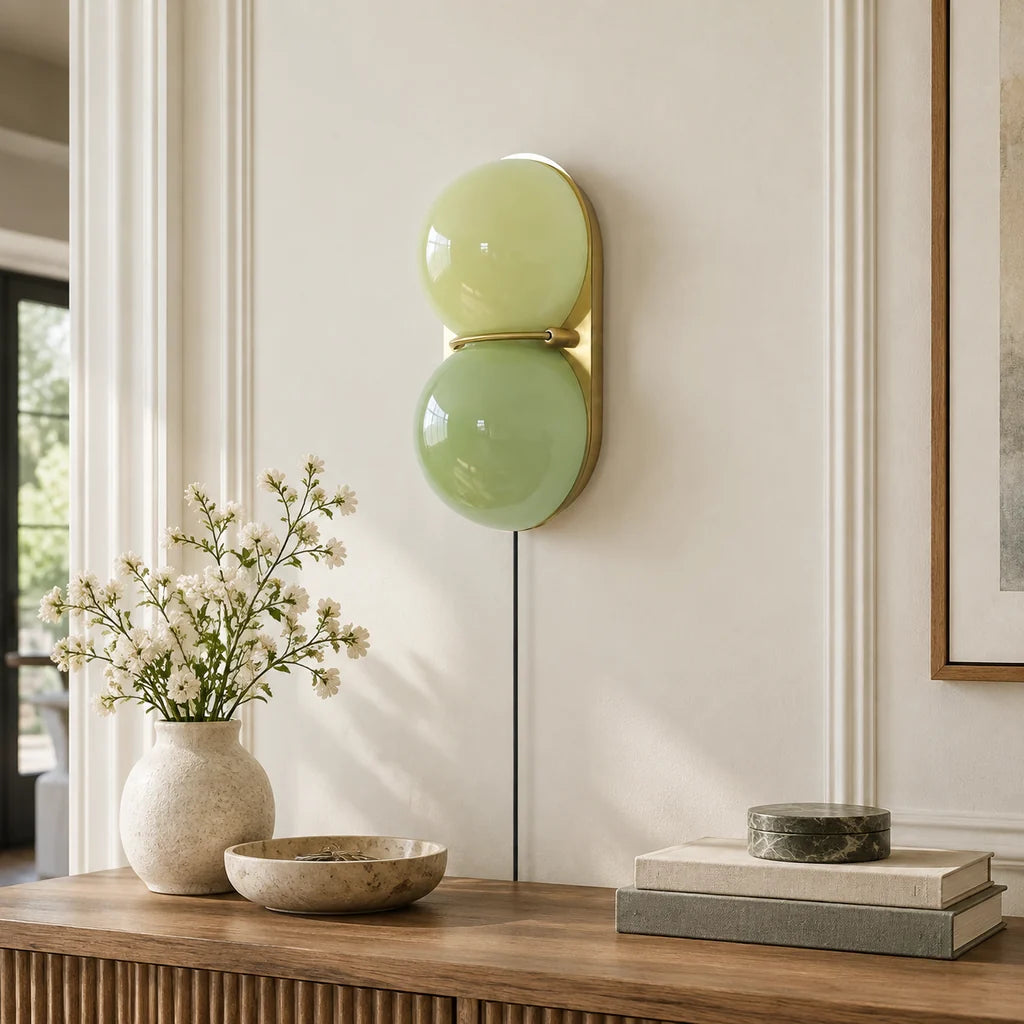 Mira Two Globe Glass Plug-in Wall Sconce - copper mint close 2