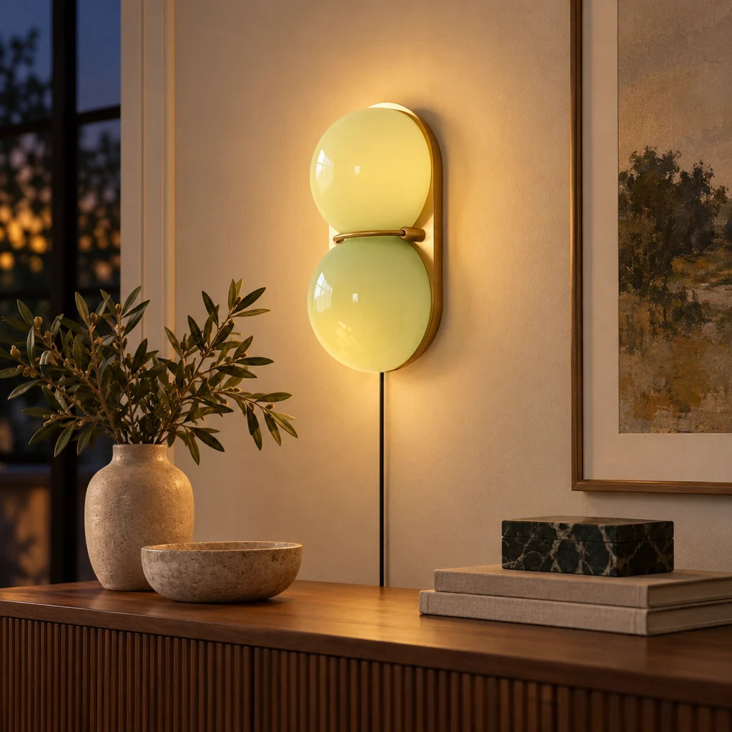 Mira Two Globe Glass Plug-in Wall Sconce - copper mint night