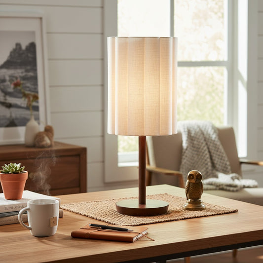 Modern Curved Linen Shade Wood Base Table Light