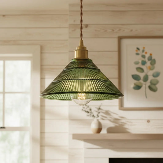Modern Ribbed Green Glass Brass Pendant Light