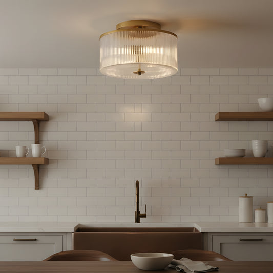 Modern Farmhouse Drum Shade Ribbed Glass Semi Flush Mount Ceiling Light for Kitchen