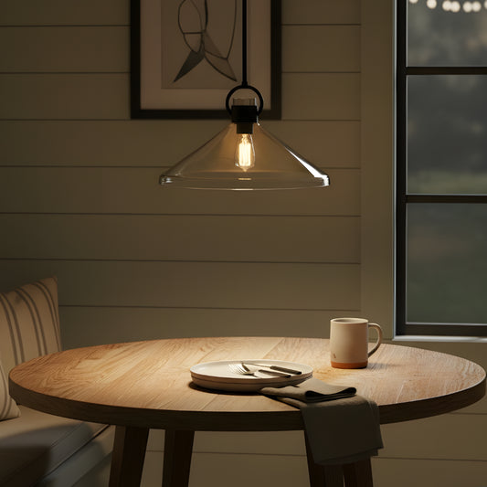 Modern Farmhouse Wide Cone Recycled Clear Glass Brass Pendant Light