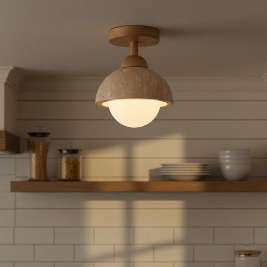 Modern Japanese Wabi-Sabi Travertine Stone Dome Ceiling Light