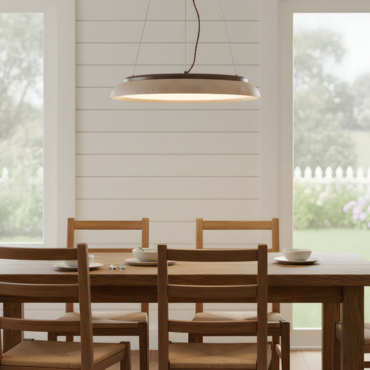 Modern Round Wabi-Sabi Travertine Wood and Stone Pendant Light