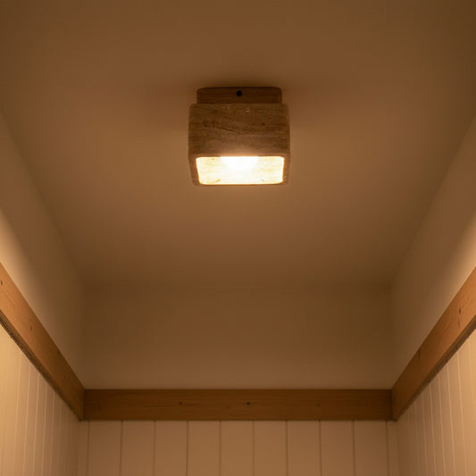 Modern Square Travertine Wood and Stone Semi-Flush Mount Ceiling Light