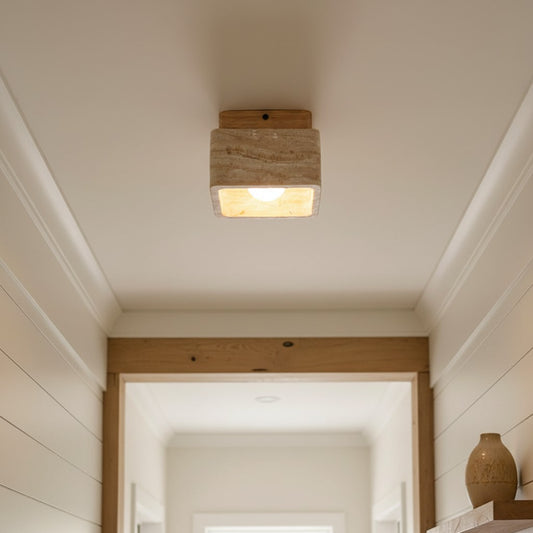 Modern Square Travertine Wood and Stone Semi-Flush Mount Ceiling Light