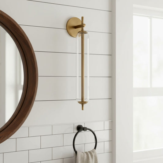 Modern Tube Clear Glass Brass Bathroom Vanity Wall Sconce