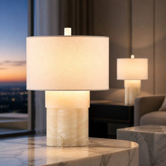 Moryn Modern Minimalist Tiered Alabaster Fabric Table Lamp
