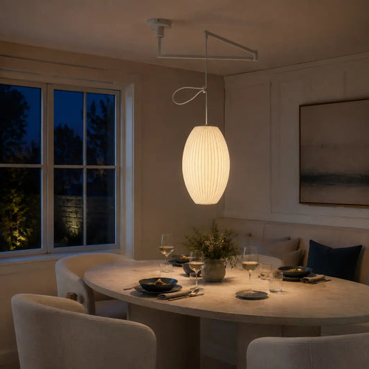 Nelsan Mid-Century Mulberry Silk Bubble Swing Arm Pendant Light