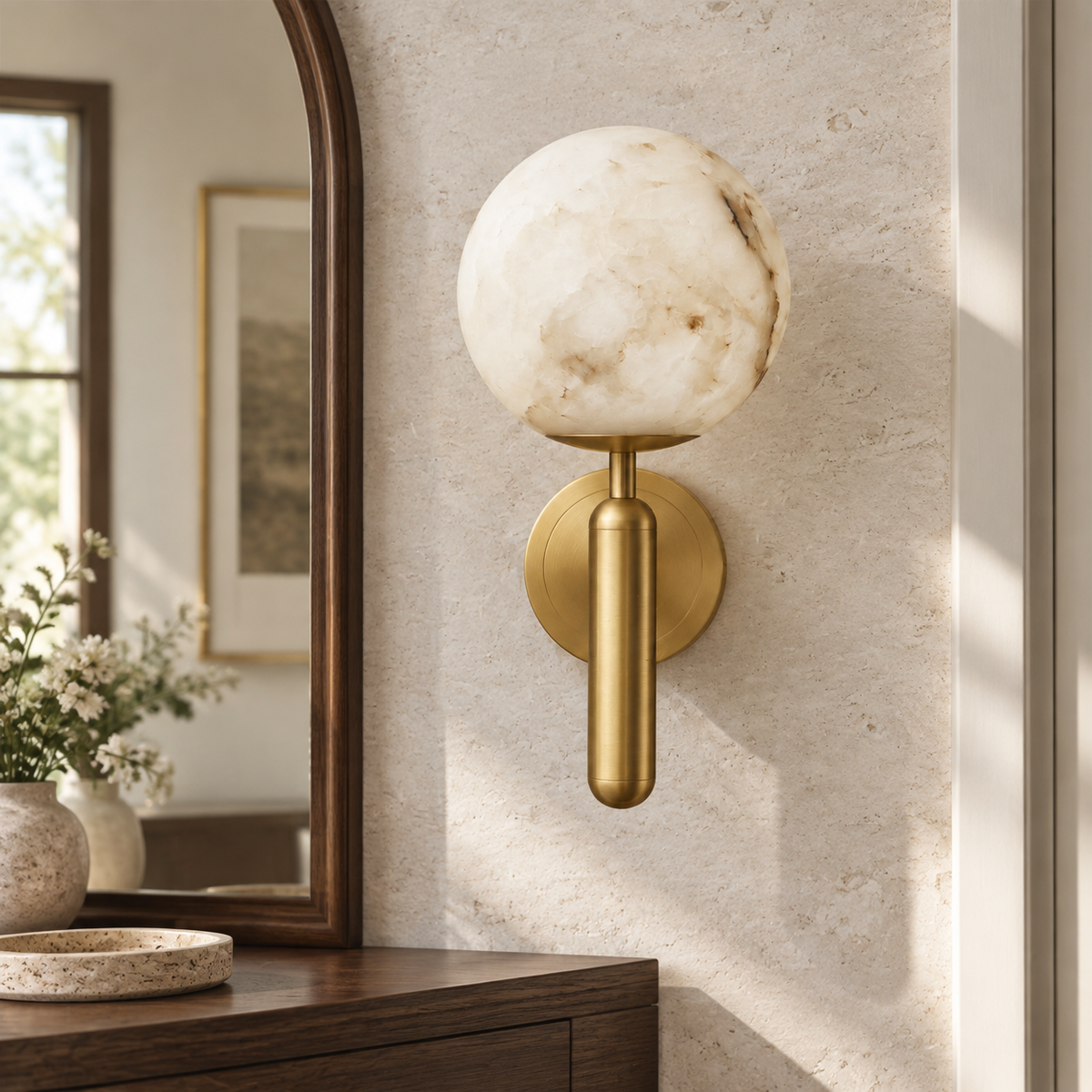 Nerina Luxury Alabaster Wall Sconce, close unlit vanity view