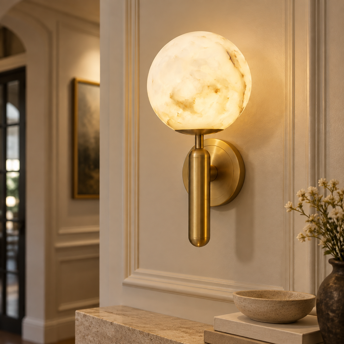 Nerina Luxury Alabaster Wall Sconce, close installed hallway view