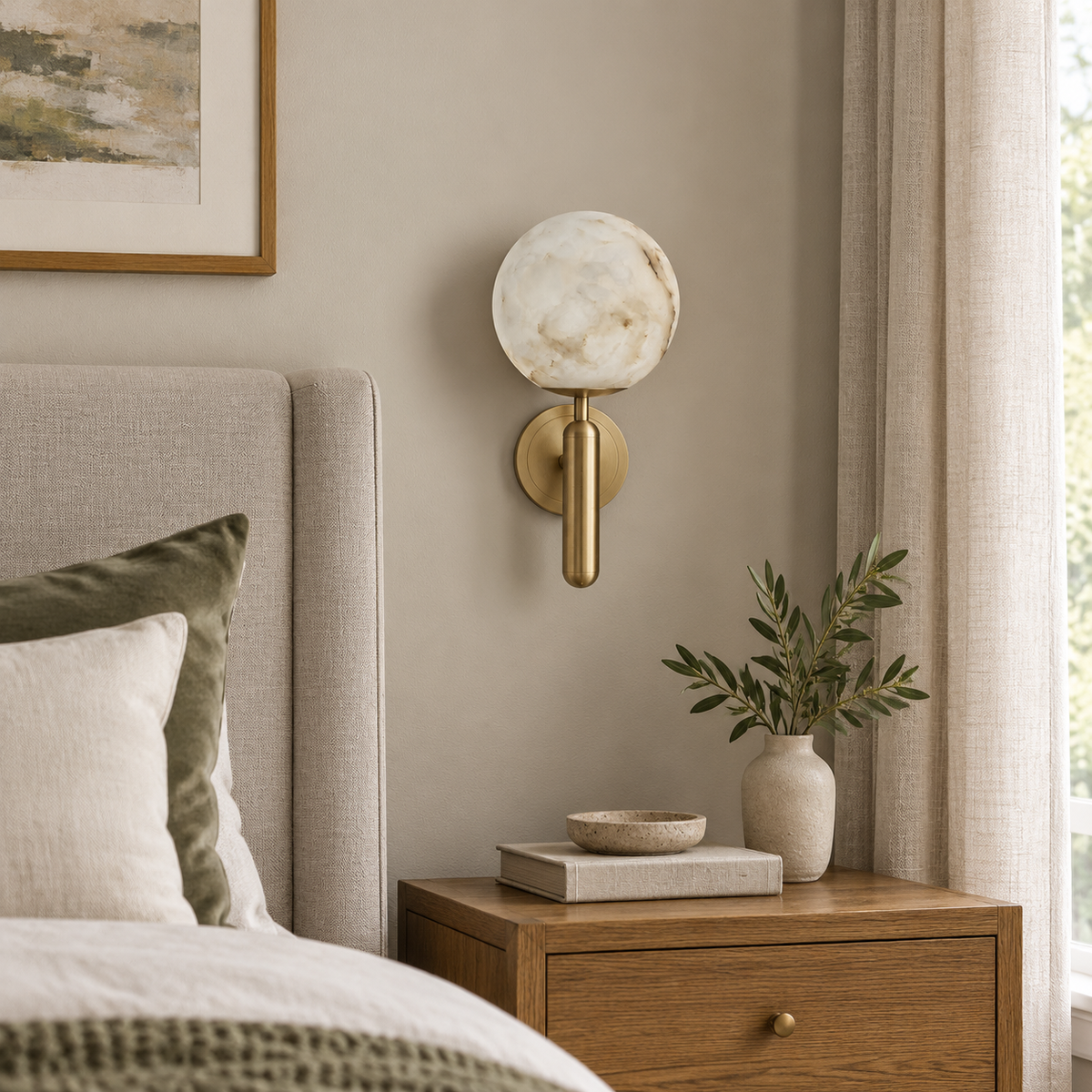Nerina Luxury Alabaster Wall Sconce, medium unlit bedroom view
