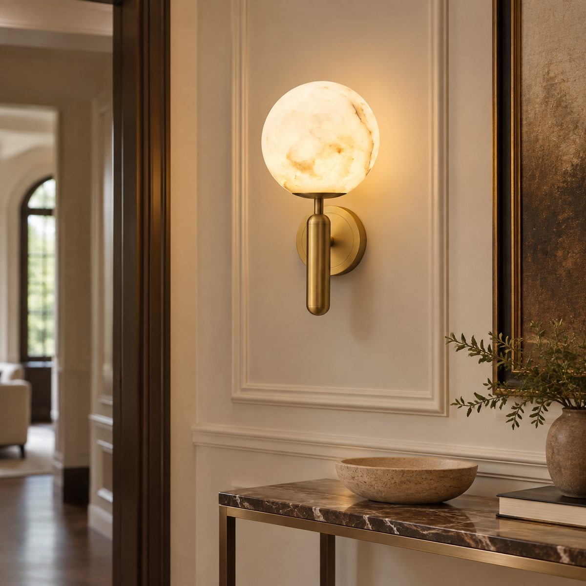 Nerina Luxury Alabaster Wall Sconce, medium hallway view