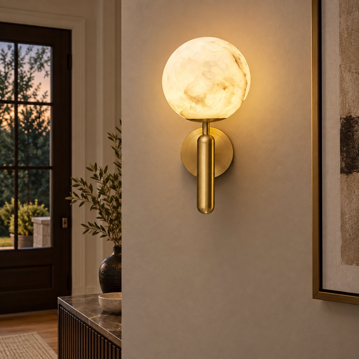 Nerina Luxury Alabaster Wall Sconce, warm evening installed view