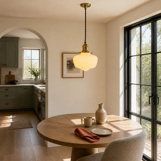 Nerissa Modern Schoolhouse Milk Glass Brass Lantern Pendant Light