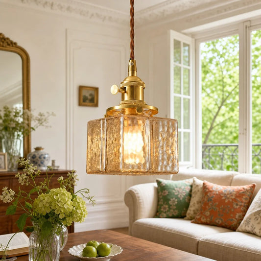 Noelle  Modern Cube Hammered Glass Pendant Light