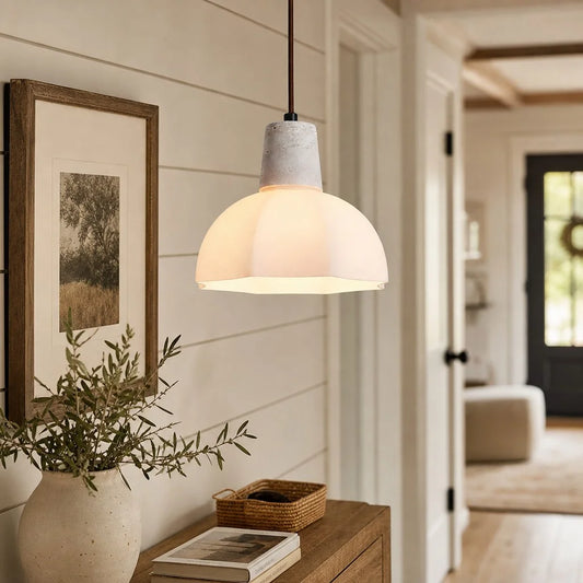 Nova Earthy Petal Dome Glass Travertine Pendant Light