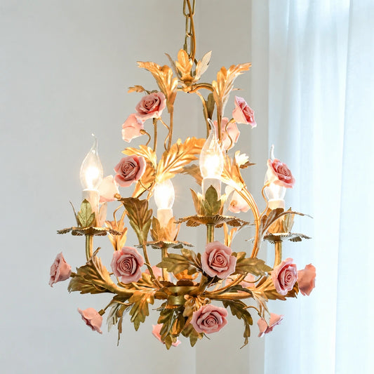 Pink Ceramic Flower Chandelier: Luxury Gold Princess Chandelier for Girls' Room