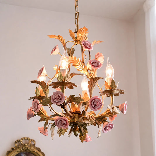 Pink Ceramic Flower Chandelier: Luxury Gold Princess Chandelier for Girls' Room