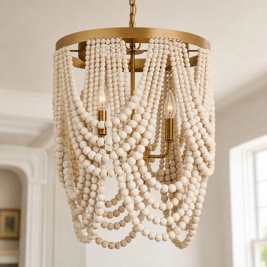 Retro Industrial Wood Pendant Light Gray White Wood Bead Nordic Lamp