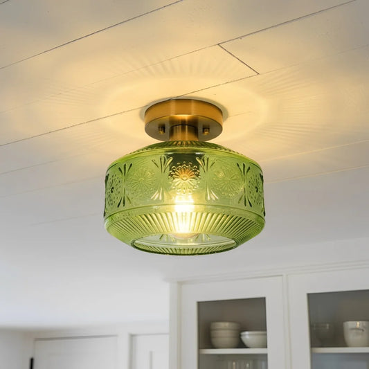 Retro Pattern Glass Semi Flush Ceiling Light