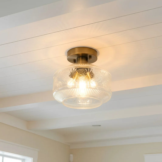 Retro Pattern Glass Semi Flush Ceiling Light