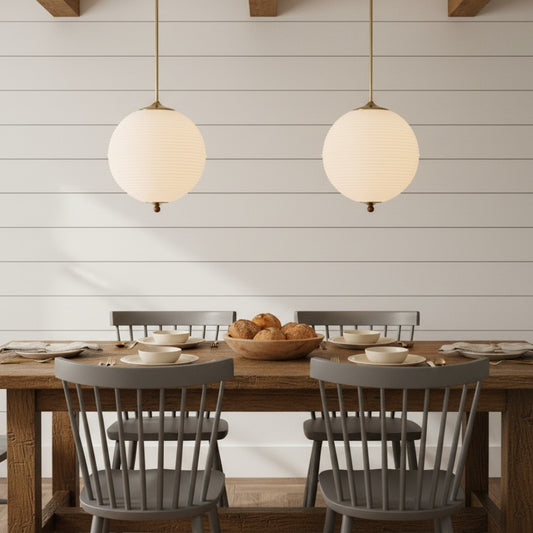 Retro White Globe Ribbed Glass Pendant Light