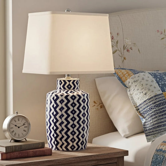 Retro Geometric Carved Fabric Ceramic Table Lamp