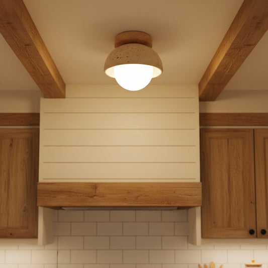 Retro Mid-Century Travertine Cream Round Flush Mount Ceiling Light