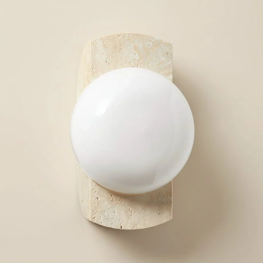 Robin Minimalist Travertine & Opaline Glass Globe Wall Sconce