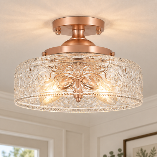 Rosalie Vintage Textured Glass Semi Flush Mount Ceiling Light, Rose Gold / Etched Clear Glass, installed SKU view