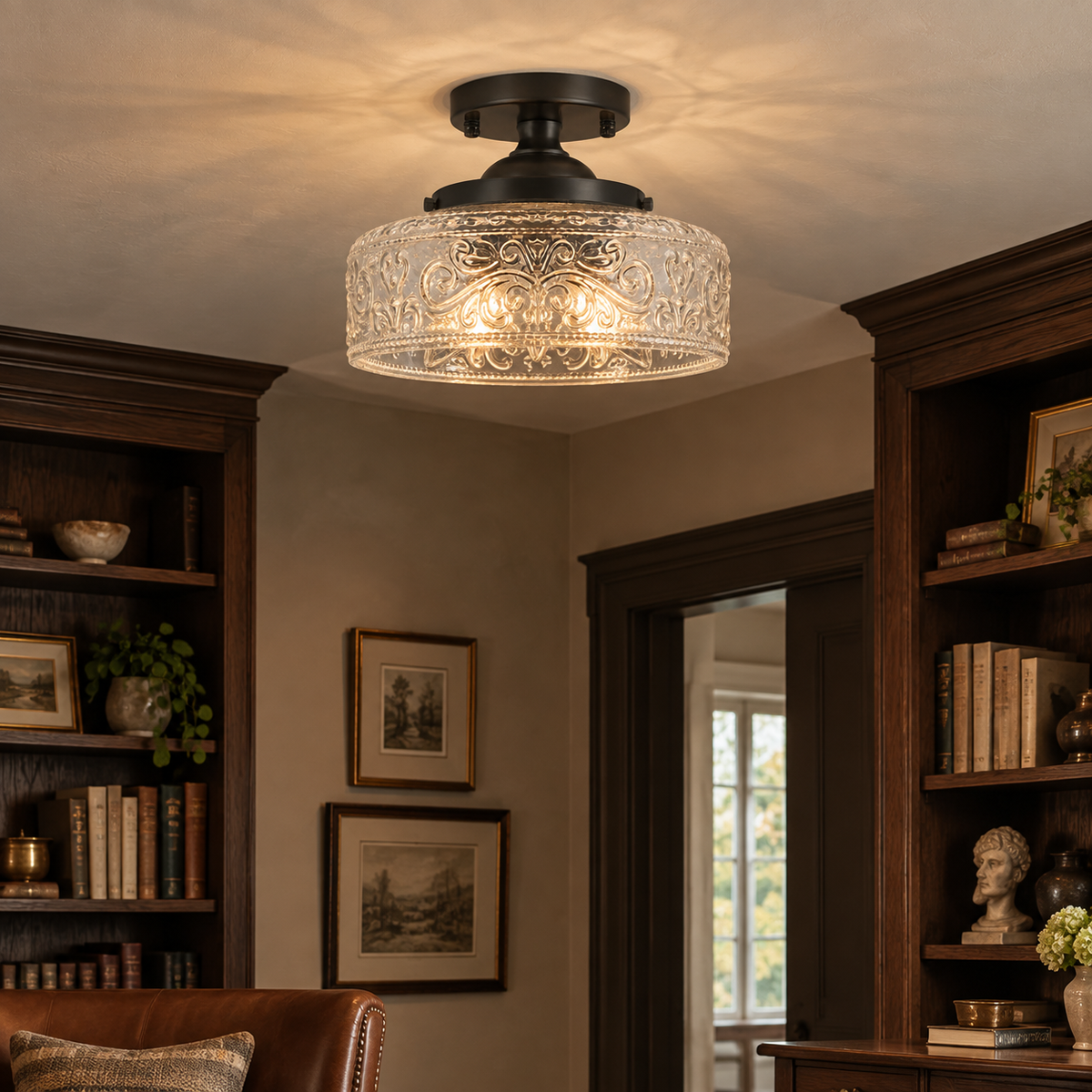 Rosalie Vintage Textured Glass Semi Flush Mount Ceiling Light, Matte Black / Etched Clear Glass, varied close installed view at realistic scale