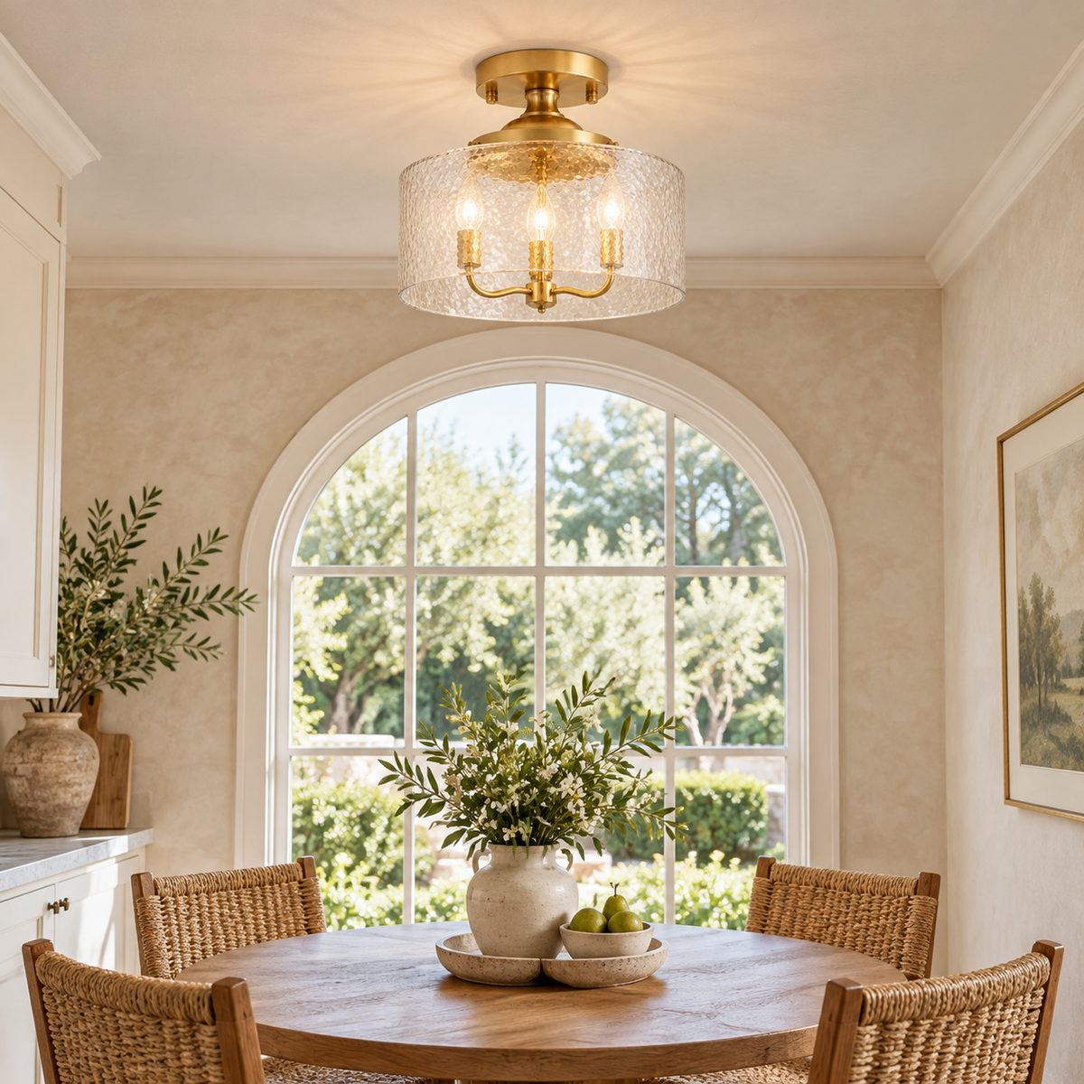 Rosalie Vintage Textured Glass Semi Flush Mount Ceiling Light, Gold / Hammered Clear Glass, varied close installed view at realistic scale